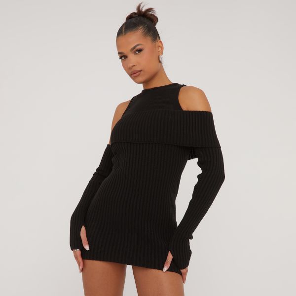 Sleeveless Double Layer Multiwear Mini Dress With Sleeves In Black Ribbed Knit, Women’s Size UK Small S