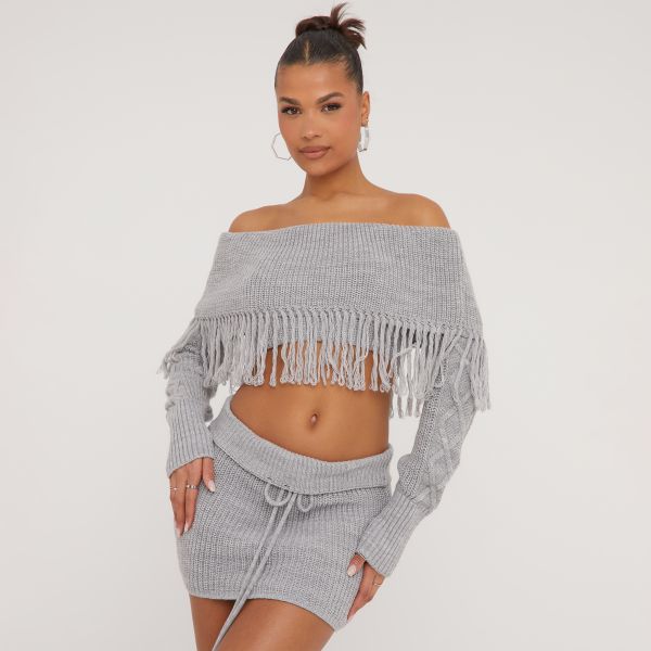 Fold Over Bardot Fringe Detail Top In Grey Knit, Women’s Size UK Small S