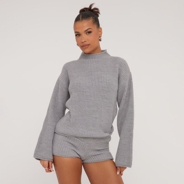 Oversized High Neck Jumper In Grey Knit, Women’s Size UK Small S