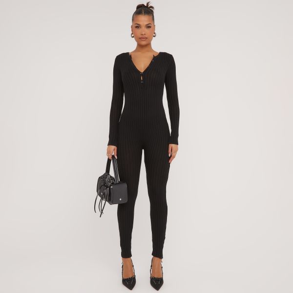 Long Sleeve Button Front Jumpsuit In Black Rib Knit, Women’s Size UK Medium M