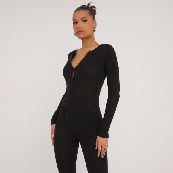 Long Sleeve Button Front Jumpsuit In Black Rib Knit, Women’s Size UK Small S