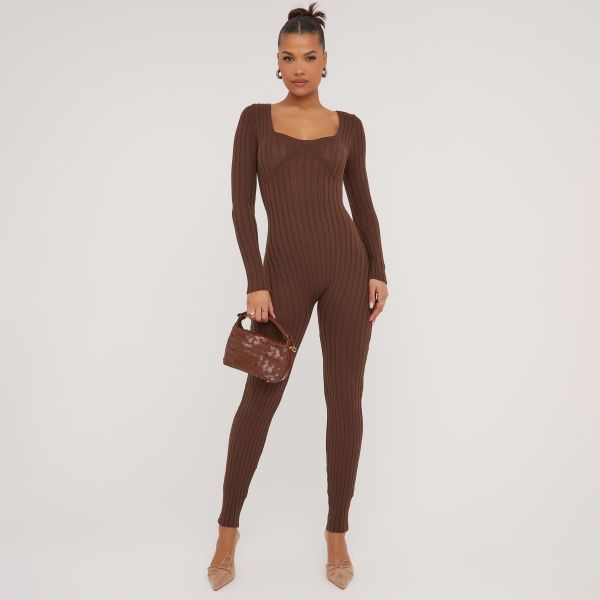 Long Sleeve Square Neck Jumpsuit In Chocolate Brown Rib Knit, Women’s Size UK 6