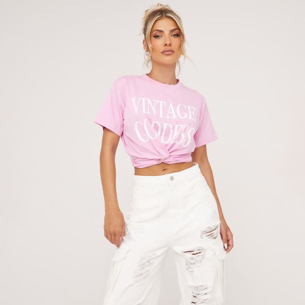Short Sleeve Twist Detail ’Vintage Goddess’ Graphic With Safety Pin Cropped T-Shirt In Pink, Women’s Size UK 6