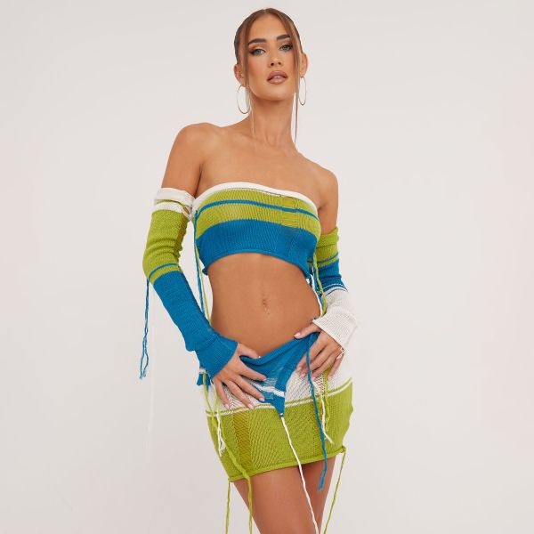 Bandeau Distressed Detail Crop Top With Sleeves And Fold Over Detail Mini Skirt Co-Ord Set In Green Stripe Knit, Women’s Size UK Small S