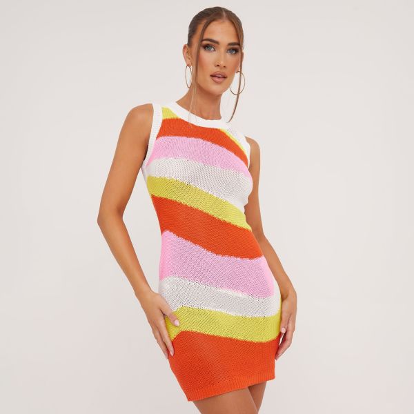 Sleeveless Mini Bodycon Dress In Multi Stripe Knit, Women’s Size UK Small S