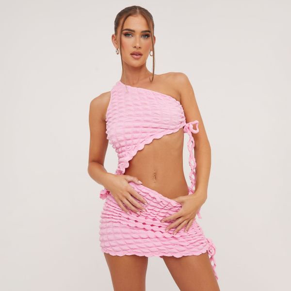 One Shoulder Tie Side Detail Asymmetric Top In Pink Bubble Fabric, Women’s Size UK 14