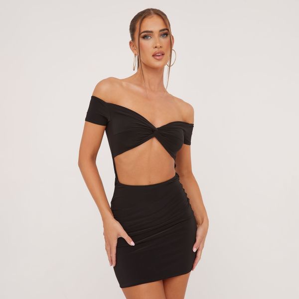 Bardot Twist Front Detail Cut Out Mini Bodycon Dress In Black Slinky, Women’s Size UK 8
