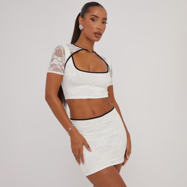 Short Sleeve Contrast Trim Detail Double Layer Crop Top In White Lace, Women’s Size UK 14