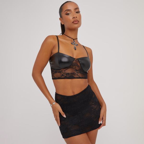 Strappy Faux Leather Contrast Detail Crop Top In Black Lace, Women’s Size UK 10