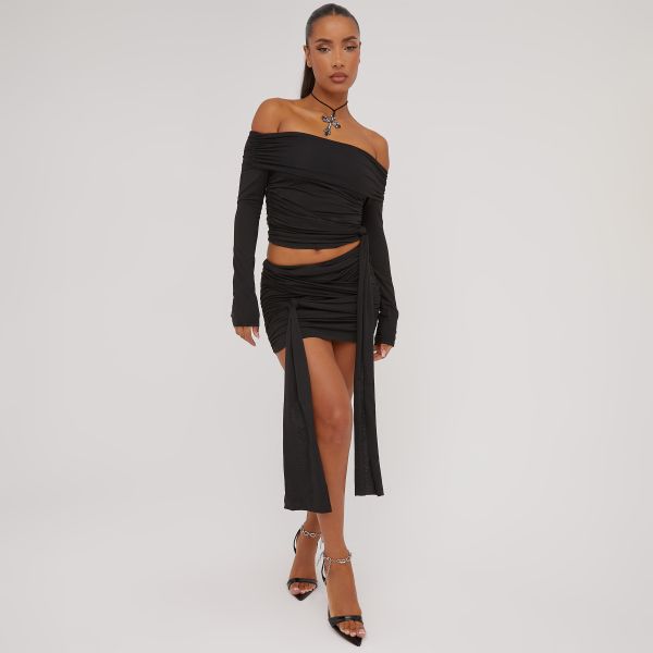 Bardot Wrap Knot Detail Crop Top And Mini Skirt Co-Ord Set In Black, Women’s Size UK Small S