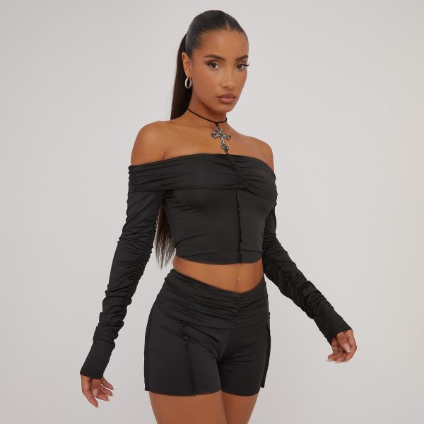 Fold Over Bardot Ruched Detail Crop Top And Booty Shorts Co-Ord Set In Black Slinky, Women’s Size UK Small S