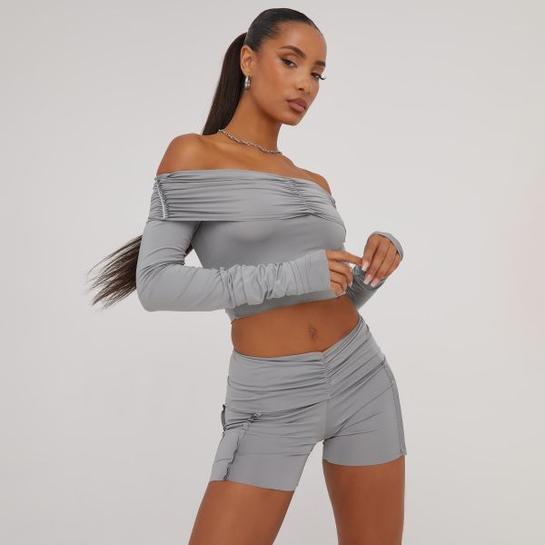 Fold Over Bardot Ruched Detail Crop Top And Booty Shorts Co-Ord Set In Grey Slinky, Women’s Size UK Medium M