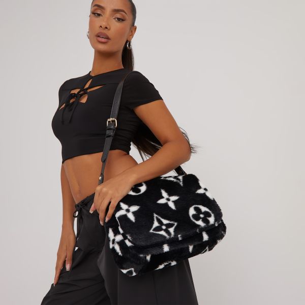 Lila Printed Detail Oversized Shoulder Bag In Black Faux Fur, Women’s Size UK One Size