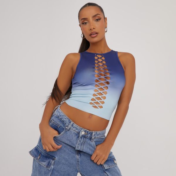 Sleeveless Cut Out Front Detail Crop Top In Blue Ombre, Women’s Size UK Medium M