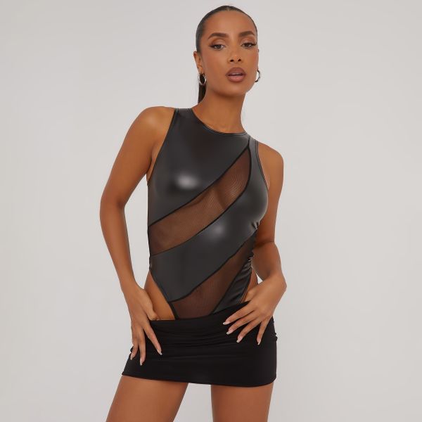 Sleeveless Mesh Panelled Detail Bodysuit In Black Faux Leather, Women’s Size UK 6