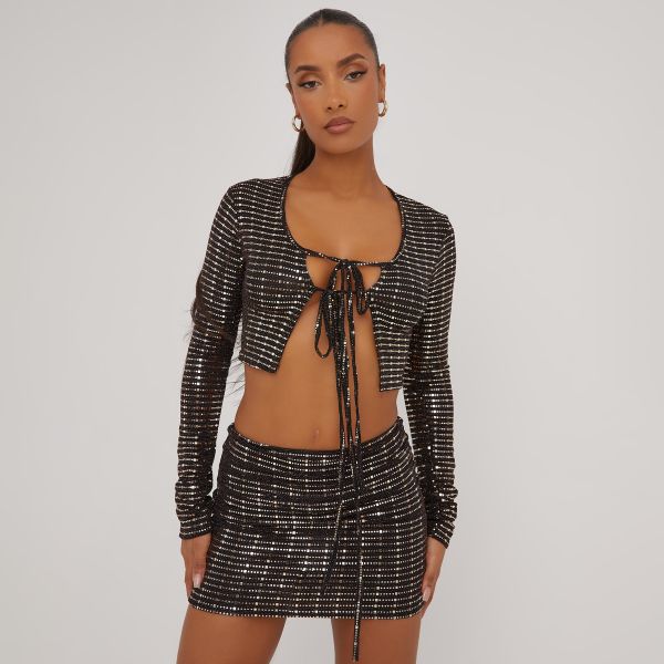 Long Sleeve Tie Front Detail Crop Top And Mini Bodycon Skirt Co-Ord Set In Black And Gold Metallic, Women’s Size UK 10