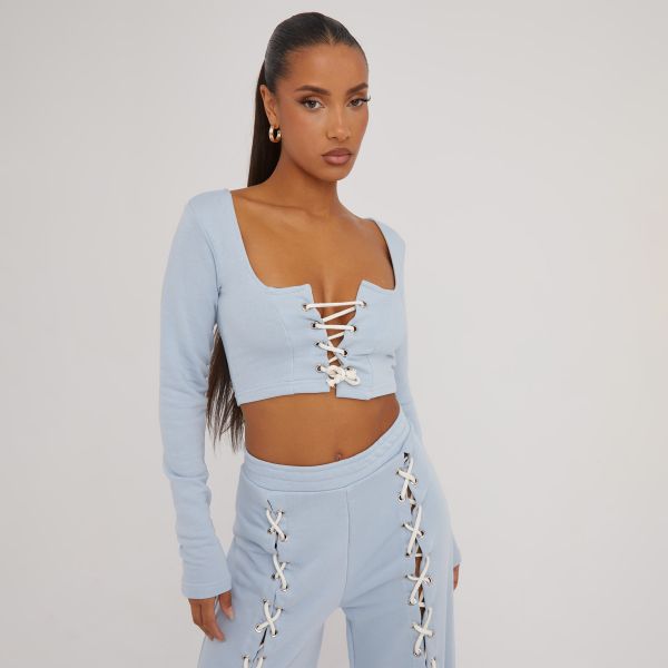 Long Sleeve Square Neck Lace Up Detail Crop Top In Blue, Women’s Size UK 10