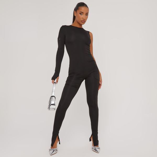 One Sleeve Pocket Detail Split Leg Flared Jumpsuit In Black, Women’s Size UK Medium M