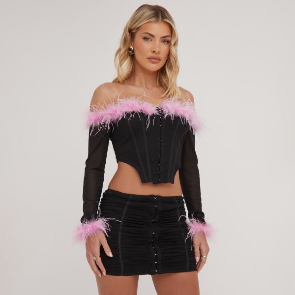 Bardot Hook And Eye Front Contrast Faux Feather Trim Detail Corset Top In Black, Women’s Size UK 6