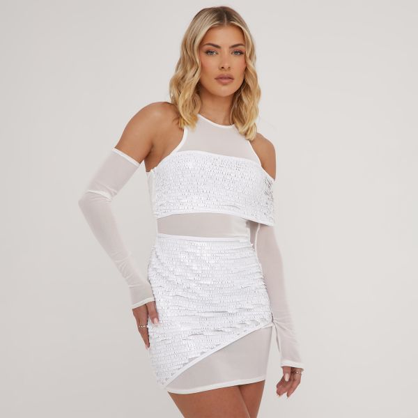 Cold Shoulder Sequin Insert Drape Detail Mini Bodycon Dress In White Mesh, Women’s Size UK 8
