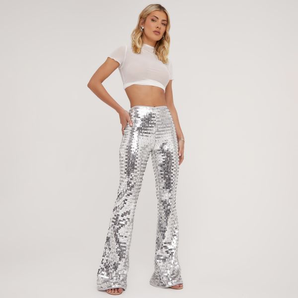 High Waist Flared Trousers In Silver Sequin, Women’s Size UK 10