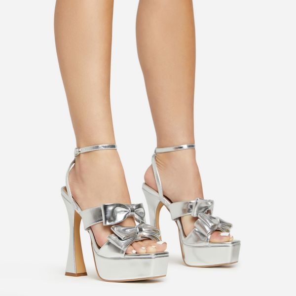 Blair Double Bow Detail Ankle Strap Square Toe Platform Flared Block Heel In Silver Faux Leather, Women’s Size UK 7