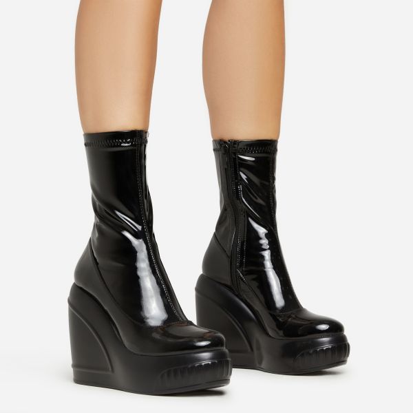 Super-Nova Platform Wedge Ankle Sock Boot In Black Patent, Women’s Size UK 5