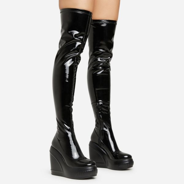 New-Utopia Platform Wedge Over The Knee Thigh High Long Boot In Black Patent, Women’s Size UK 5