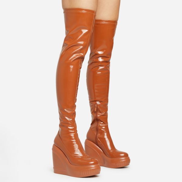 New-Utopia Platform Wedge Over The Knee Thigh High Long Boot In Tan Brown Patent, Women’s Size UK 5