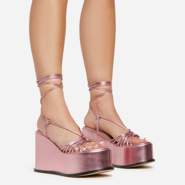 Bubblegum Lace Up Knotted Strap Detail Platform Wedge Heel In Pink Metallic Faux Leather, Women’s Size UK 5