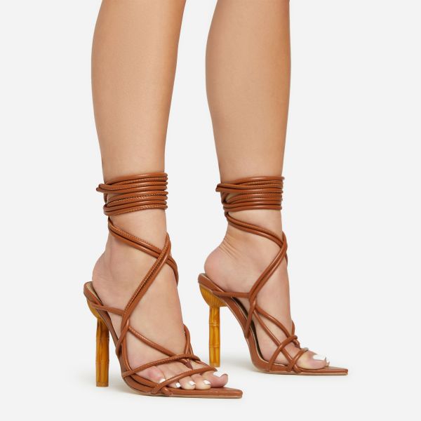 Briana Lace Up Strappy Pointed Toe Bamboo Heel In Tan Brown Faux Leather, Women’s Size UK 3
