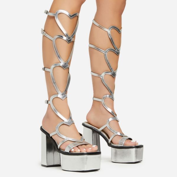 Lovestruck Strappy Heart Detail Square Toe Platform Block Heel In Silver Faux Leather, Women’s Size UK 5