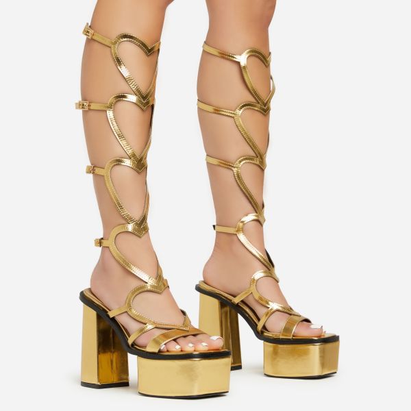 Lovestruck Strappy Heart Detail Square Toe Platform Block Heel In Gold Faux Leather, Women’s Size UK 5