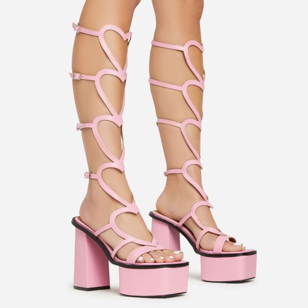 Lovestruck Strappy Heart Detail Square Toe Platform Block Heel In Pink Faux Leather, Women’s Size UK 5