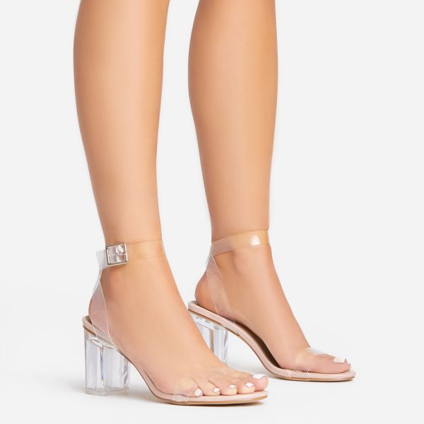 Lena Barely There Perspex Block Clear Heel In Nude Patent, Women’s Size UK 9