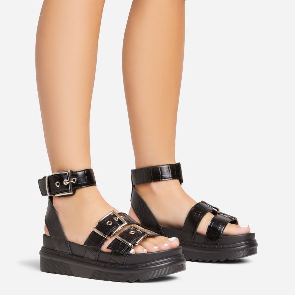 Carmen Buckle Strap Detail Chunky Sole Platform Flat Gladiator Sandal In Black Croc Print Faux Leather, Women’s Size UK 6
