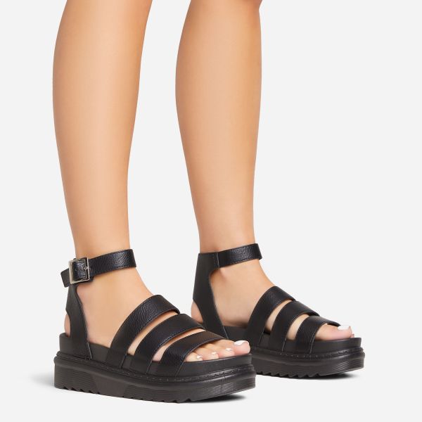 Lover Chunky Sole Flat Gladiator Sandal In Black Faux Leather, Women’s Size UK 5