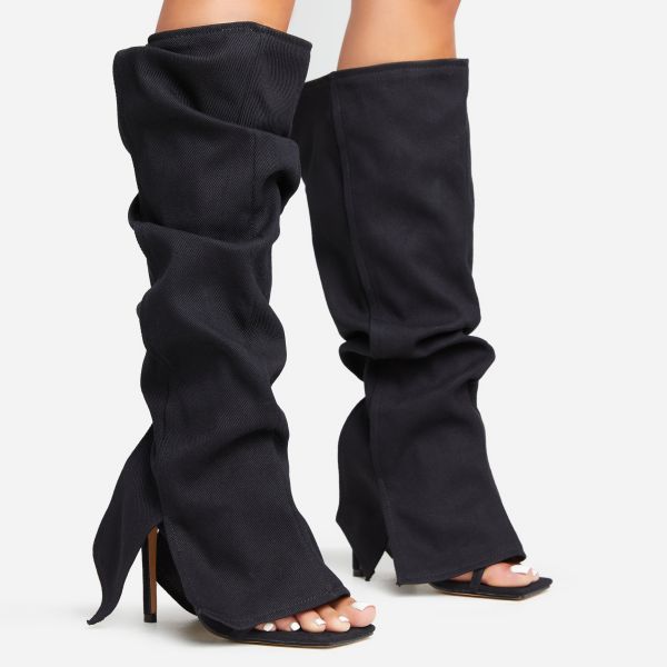 Hoedown Legwarmer Detail Square Toe Stiletto Heel In Black Fabric, Women’s Size UK 5