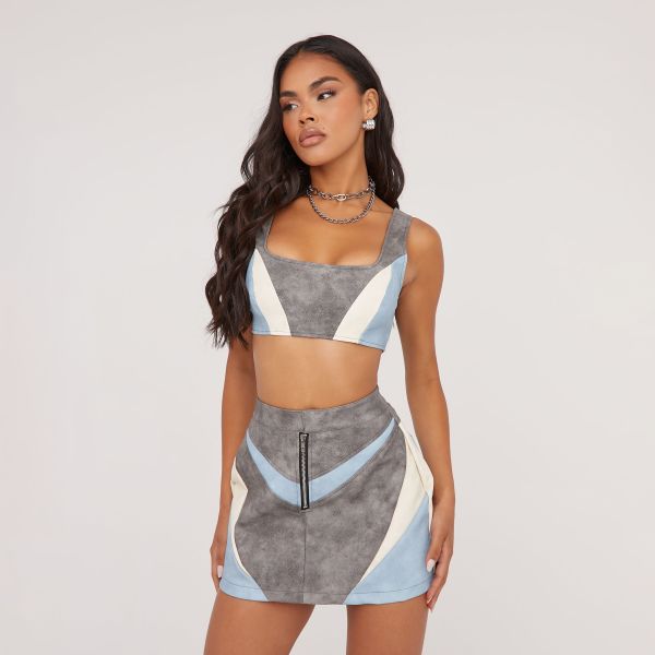Square Neck Motocross Print Crop Top In Grey Faux Leather, Women’s Size UK 6