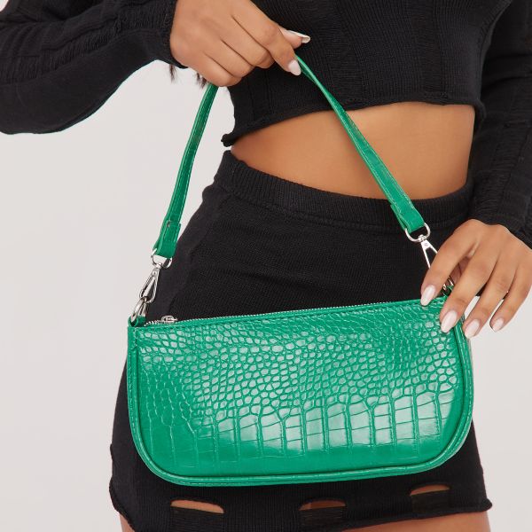 nella rectangle shaped shoulder bag in green croc print faux leather, women's size uk one size