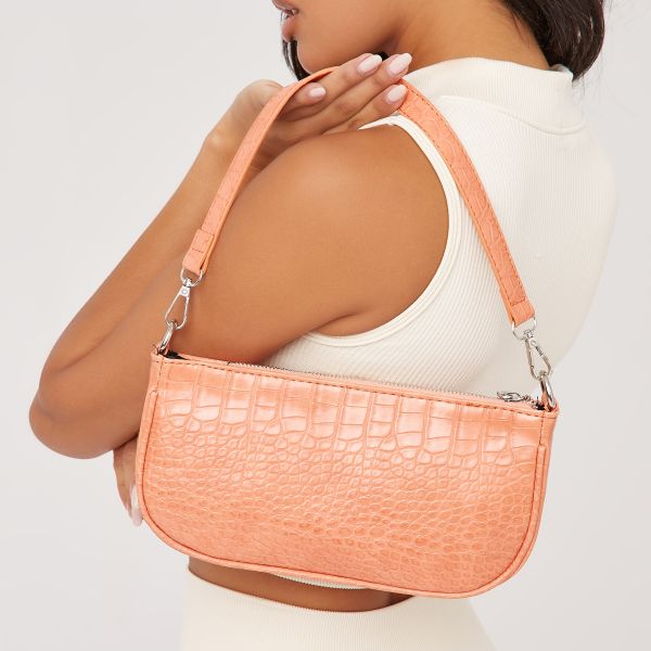 nella rectangle shaped shoulder bag in orange croc print faux leather, women's size uk one size