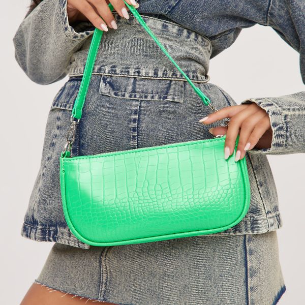 Nella Rectangle Shaped Shoulder Bag In Bright Green Croc Print Faux Leather, Women’s Size UK One Size