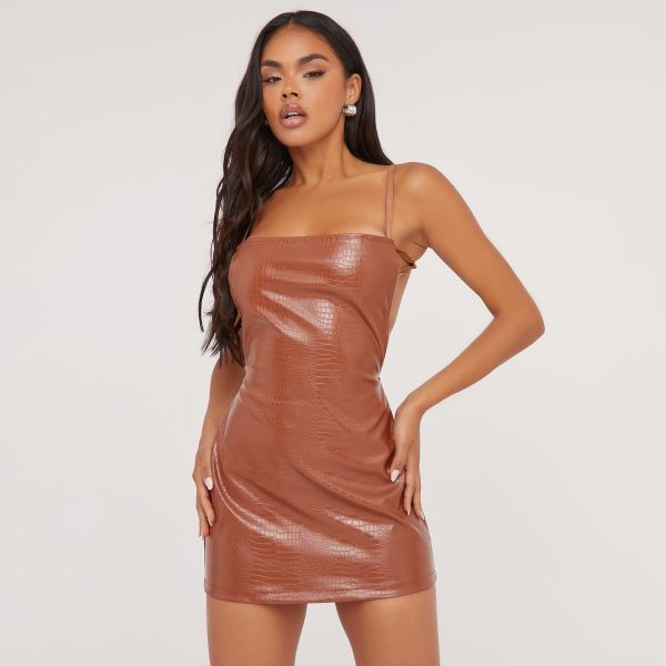 Square Neck Strappy Open Back Detail Mini Dress In Brown Croc Print Faux Leather, Women’s Size UK 10