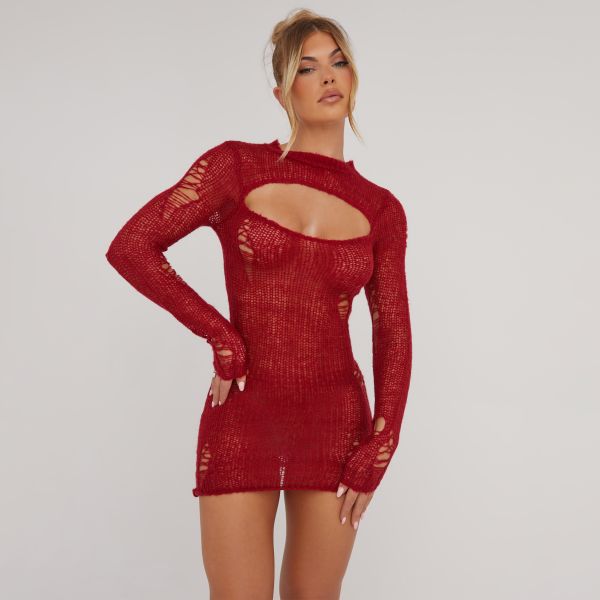 Long Sleeve Slash Front Distressed Detail Mini Bodycon Dress In Red Knit, Women’s Size UK 8