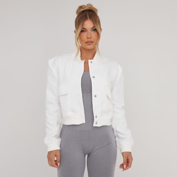 Button Front Pocket Detail Bomber Jacket In White Woven, Women’s Size UK Large L