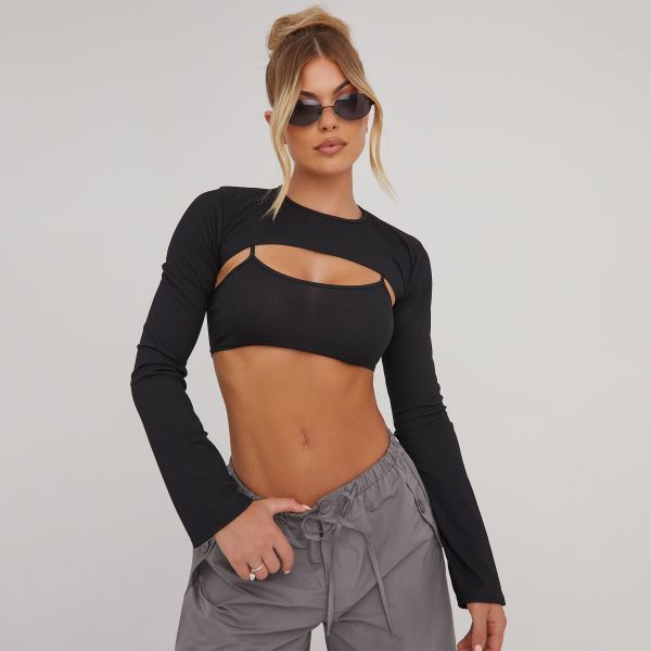 Strappy Crop Top With Bolero Sleeves In Black, Women’s Size UK 10