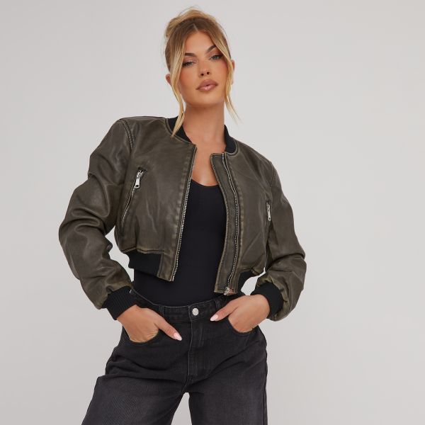 Zip Front Pocket Detail Bomber Jacket In Washed Khaki Faux Leather, Women’s Size UK Medium M