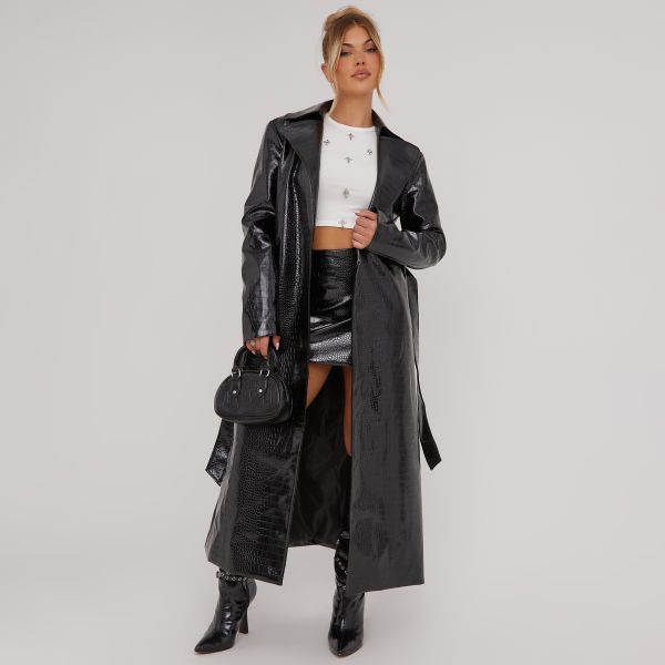 Belted Waist Detail Longline Trench Coat In Black Croc Faux Leather, Women’s Size UK 6
