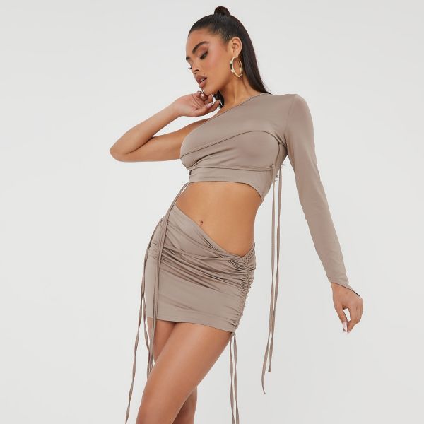 One Sleeve Ruched Wrap Detail Crop Top In Taupe Slinky, Women’s Size UK Medium M
