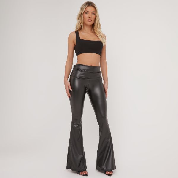 Fold Over Waistband Detail Flared Trousers In Black Faux Leather, Women’s Size UK 8